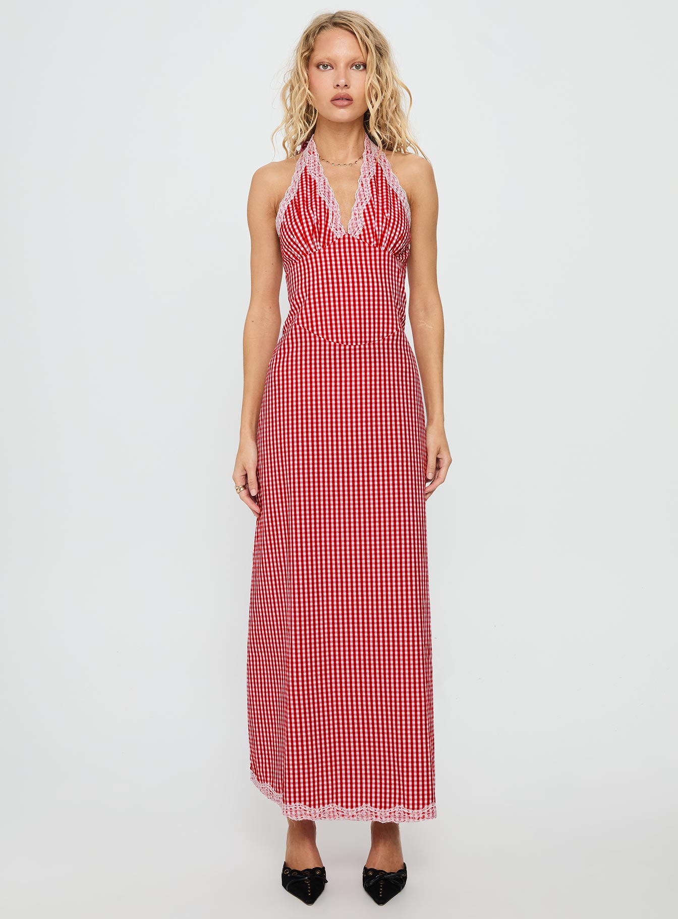 Betsie Halter Lace Maxi Dress Red Gingham - Image 7