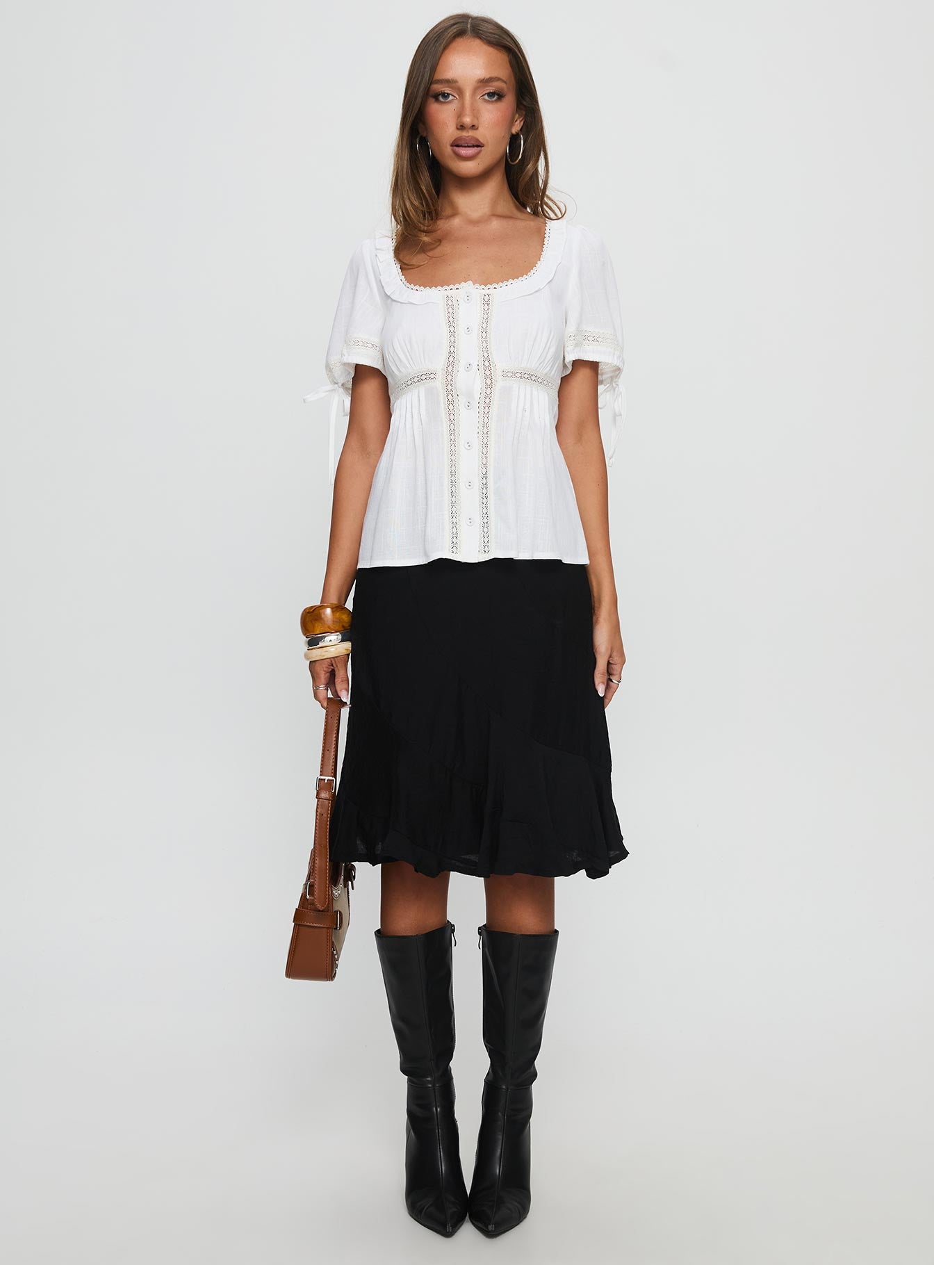 Indianah Pleat Lace Panel Blouse Top White - Image 7