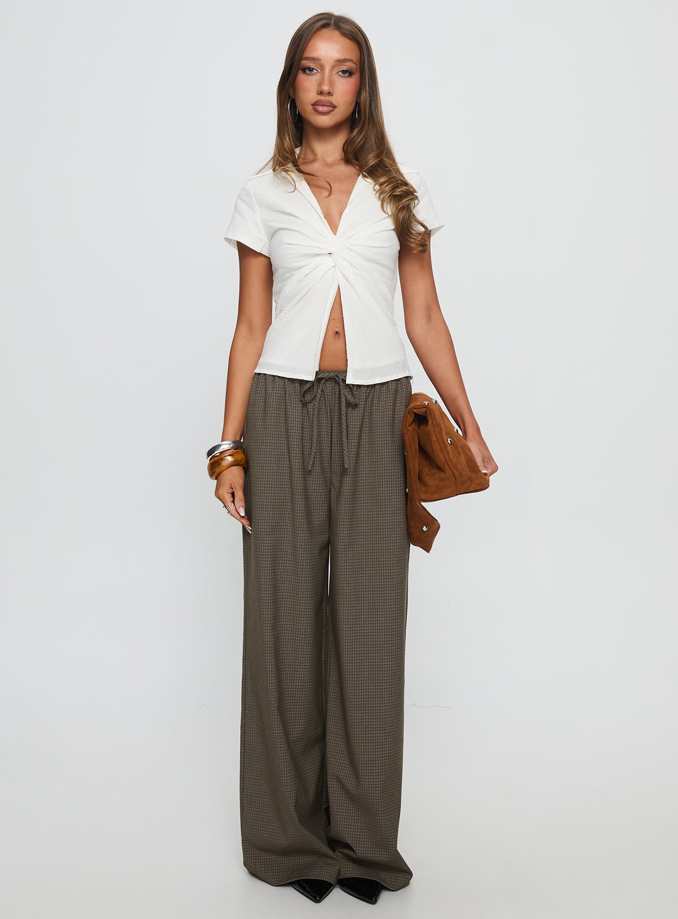 Ketrina Tie Waist Pants Brown Plaid - Image 6