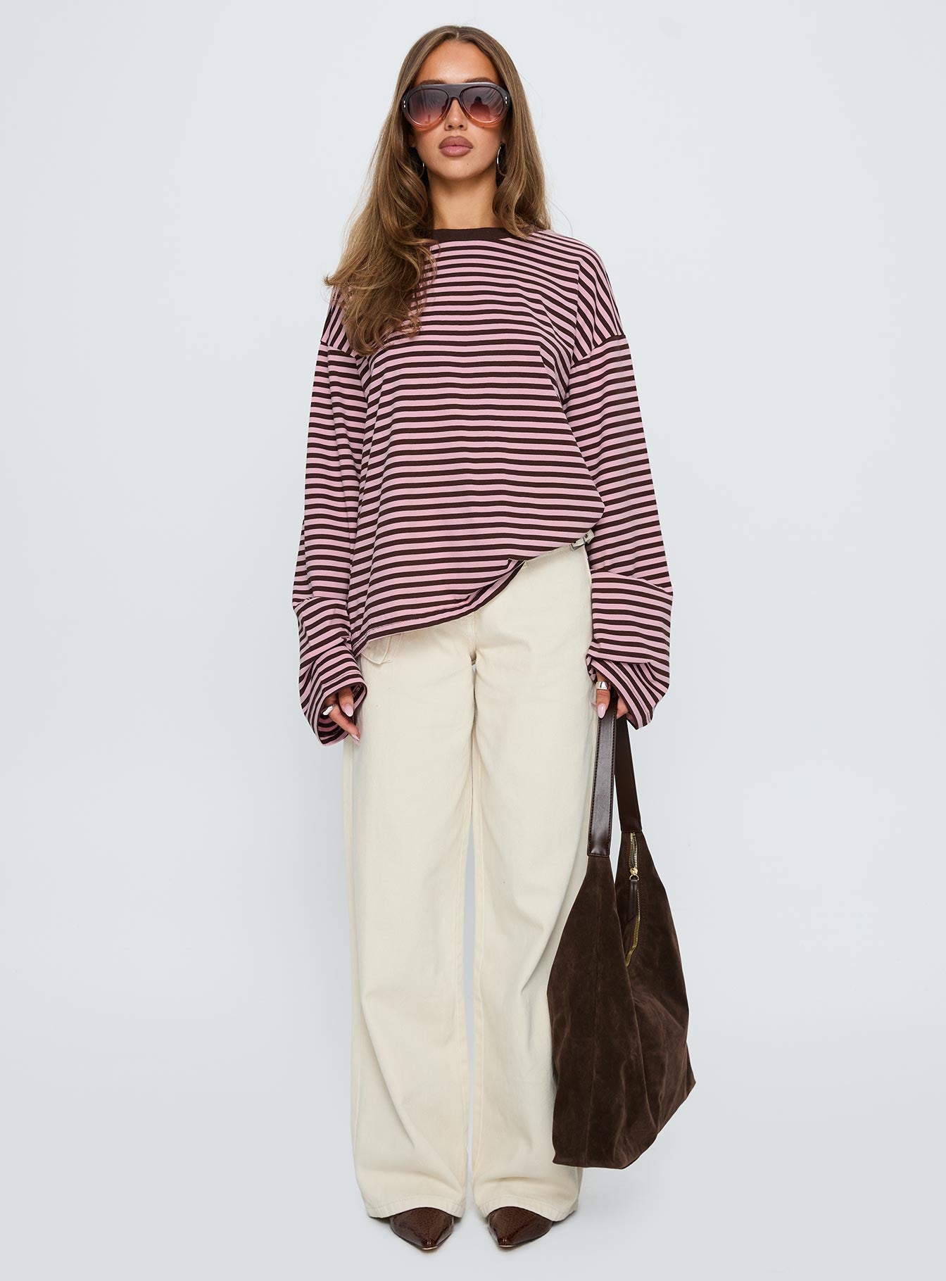 Settle Down Long Sleeve Top Pink Brown Stripe - Image 7