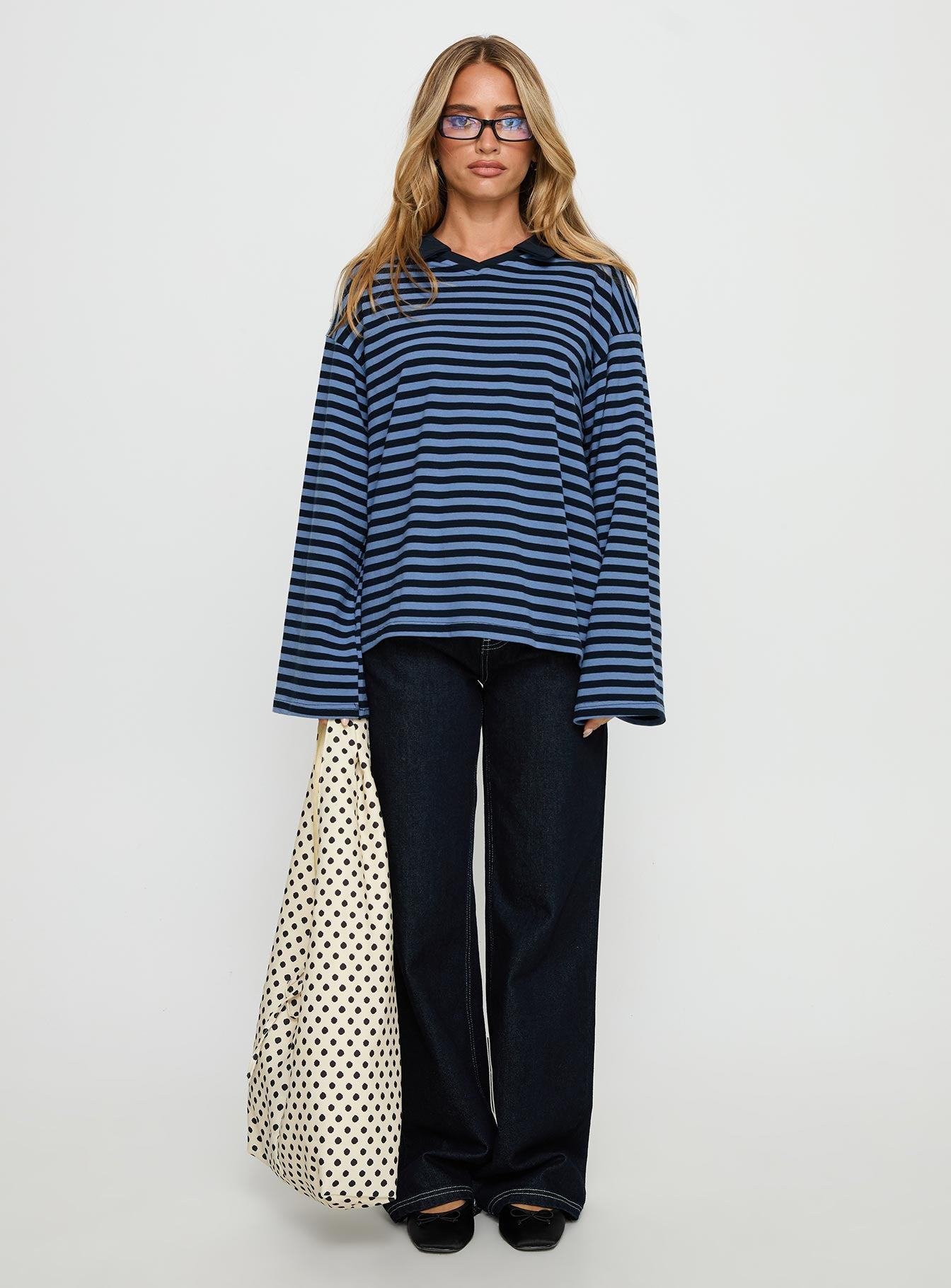 Settle Down Collared Long Sleeve Top Navy Stripe - Image 7