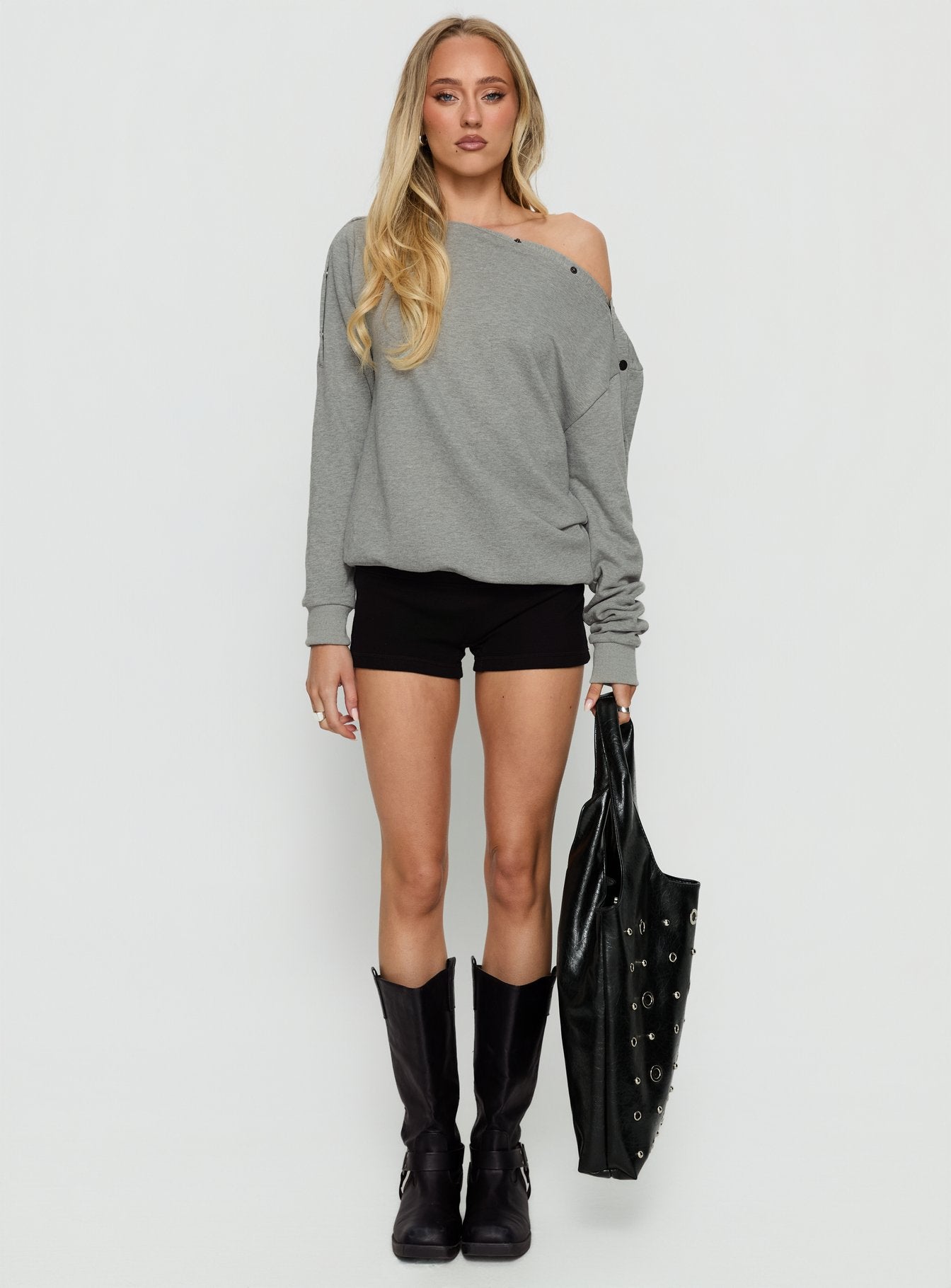 Hazle Stud Detail Off Shoulder Jumper Grey - Image 6