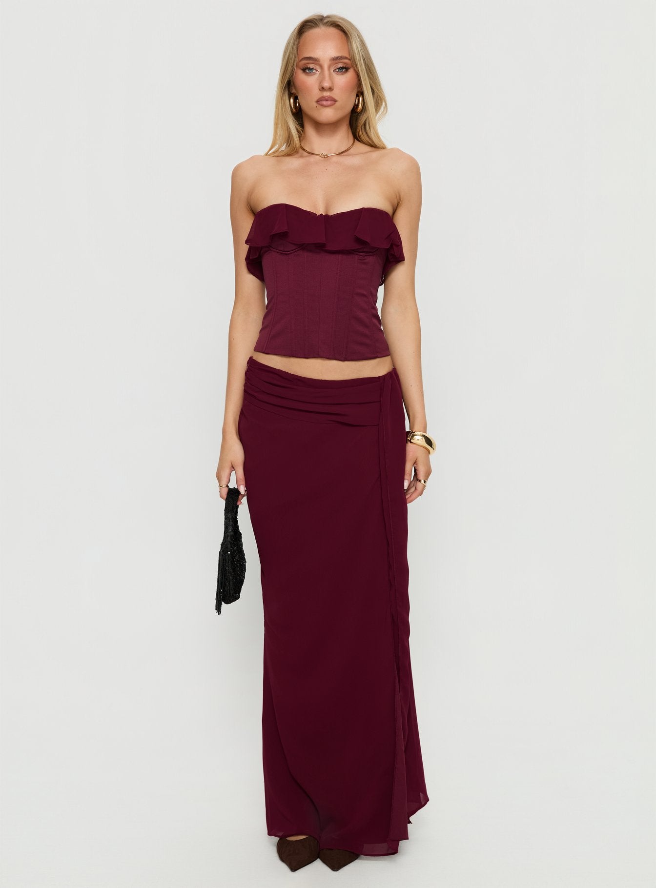 Holliann Strapless Frill Corset Top Wine - Image 7