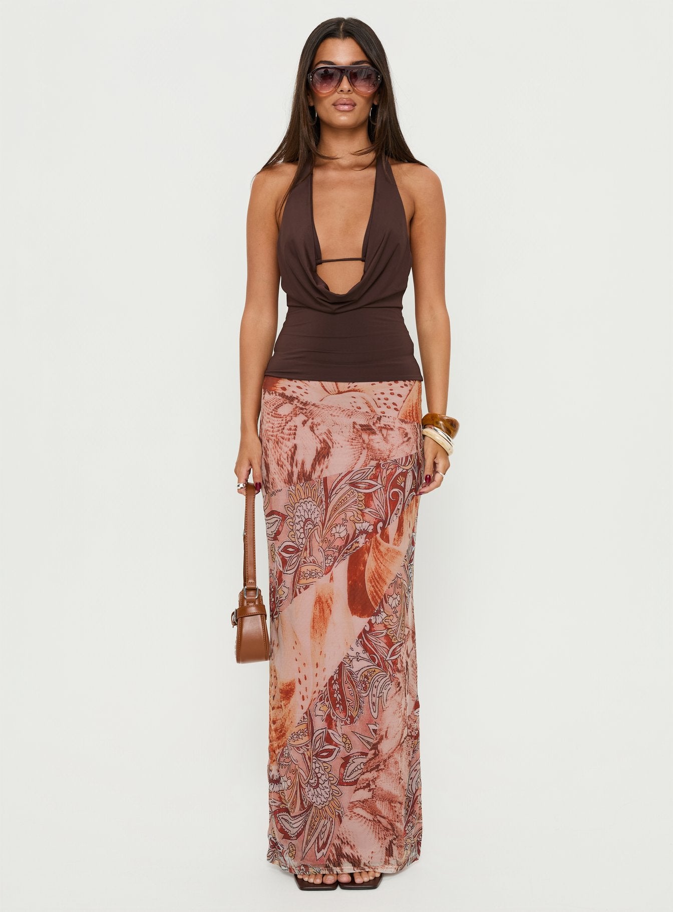 Xylia Plunge Neck Tie Back Top Chocolate - Image 6
