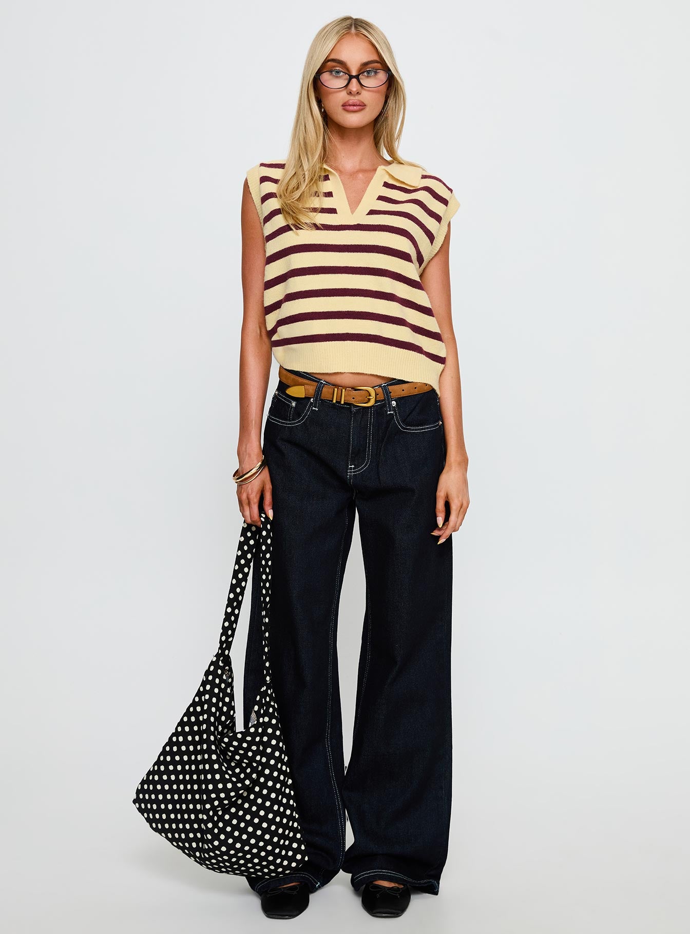Yuliya Collared Sleeveless Top Lemon Burgundy Stripe - Image 7