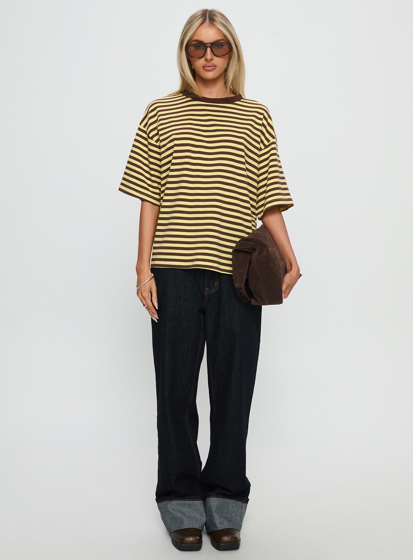 Settle Down Short Sleeve Top Yellow Brown Stripe - Image 7