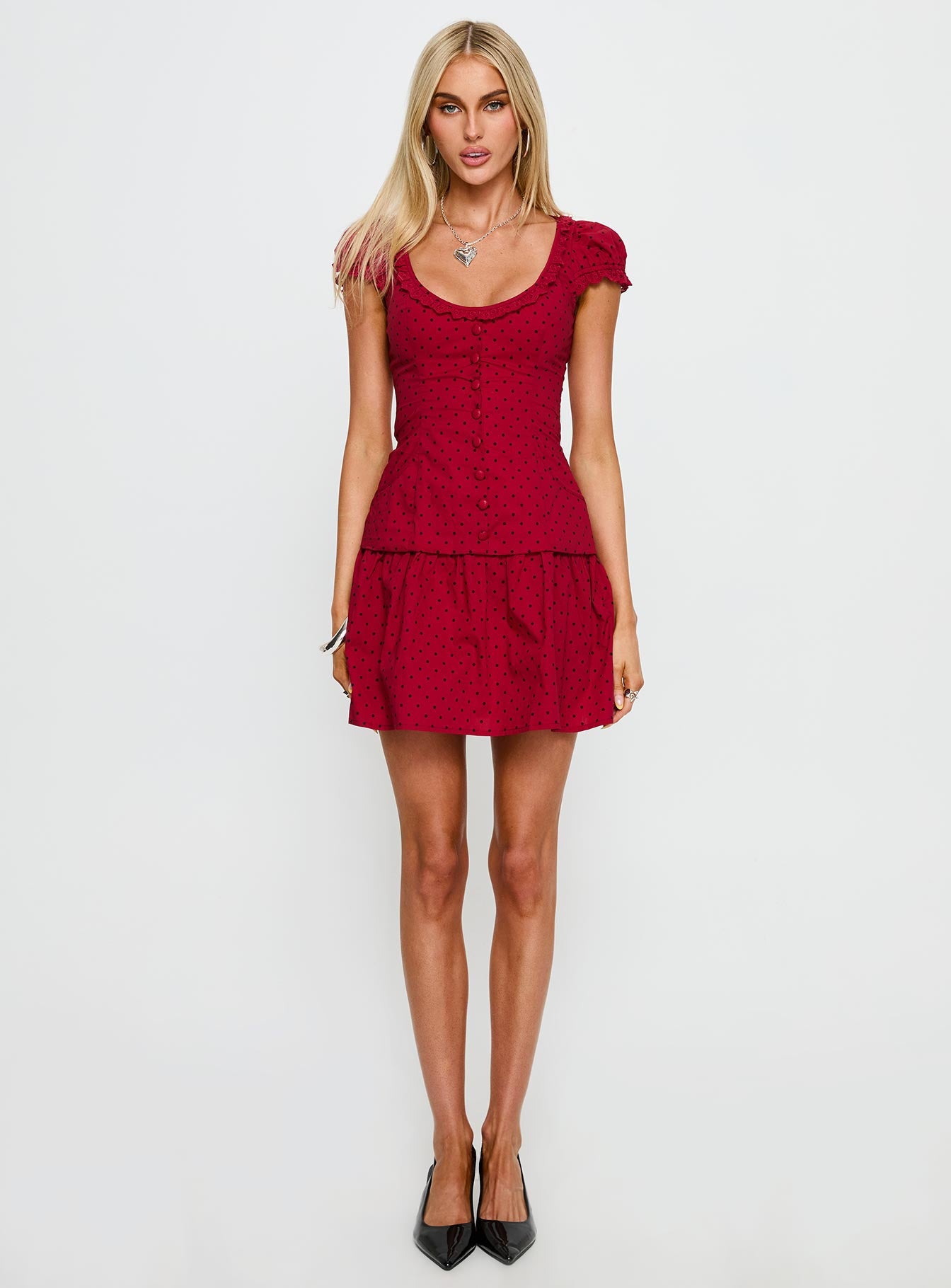 Ottillie Lace Trim Button Down Mini Dress Red Polka Dot - Image 7