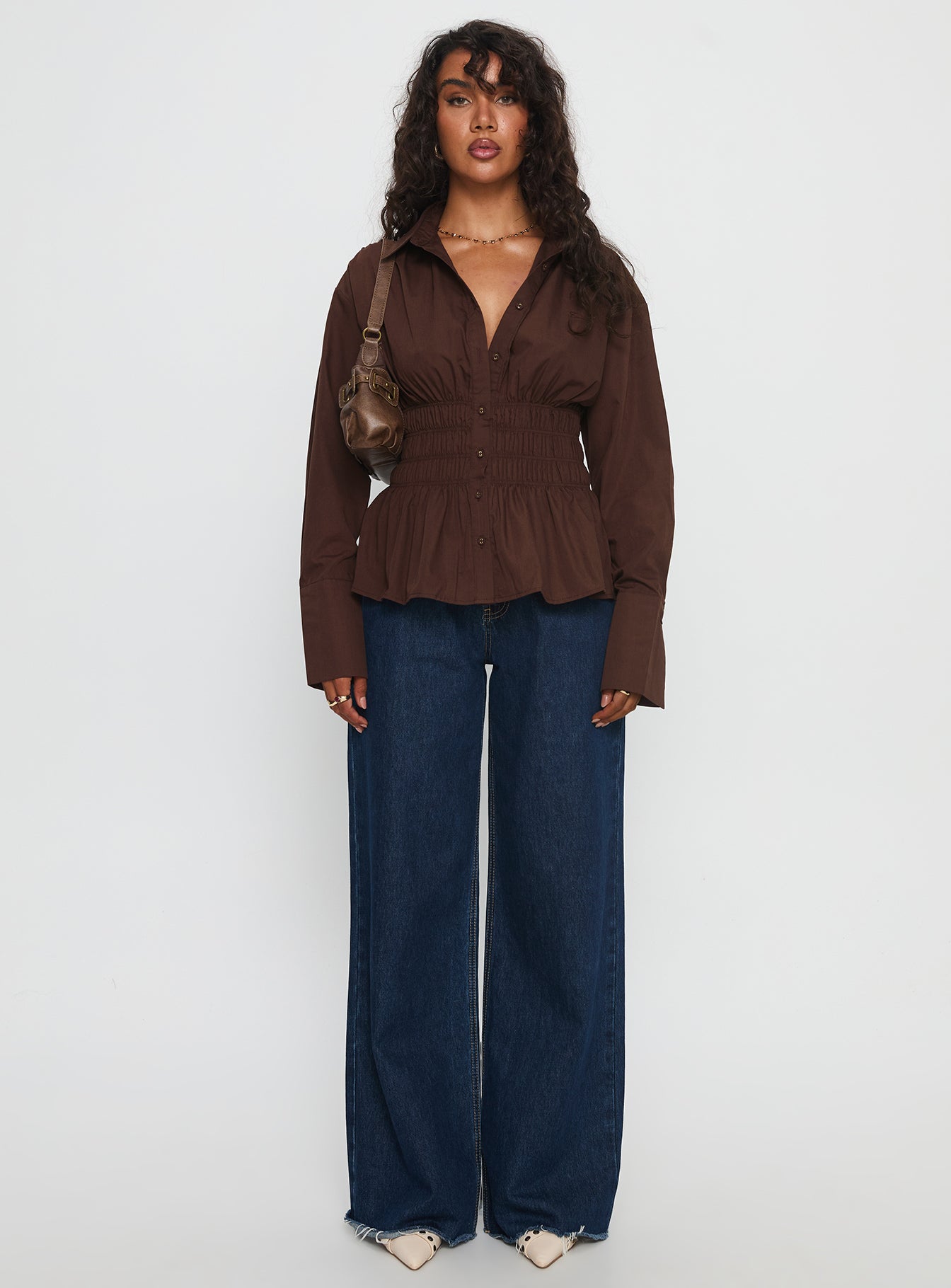 As You Are Shirred Button Up Top Chocolate - Image 7