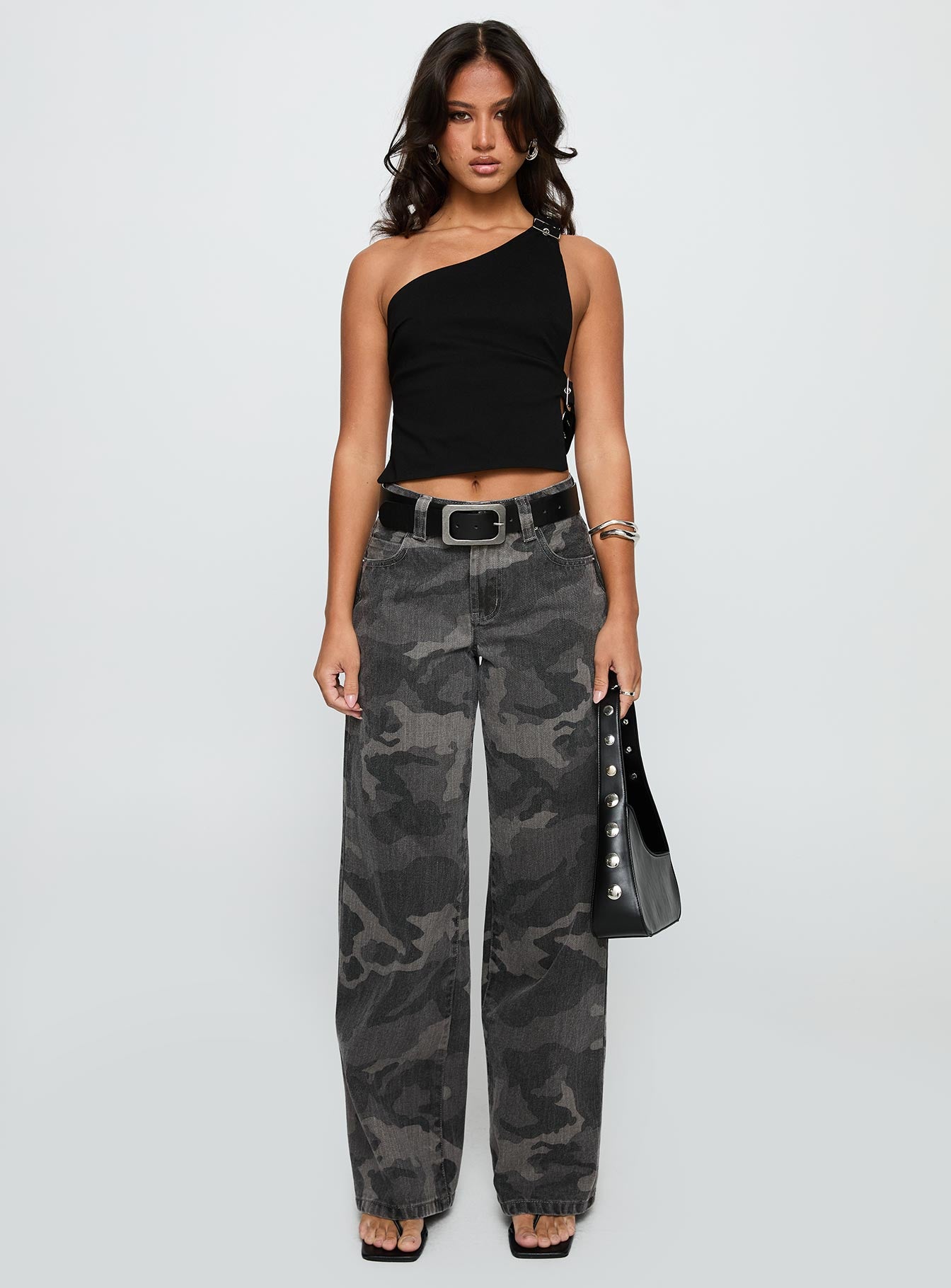 Buckled Down One Shoulder Top Black - Image 7