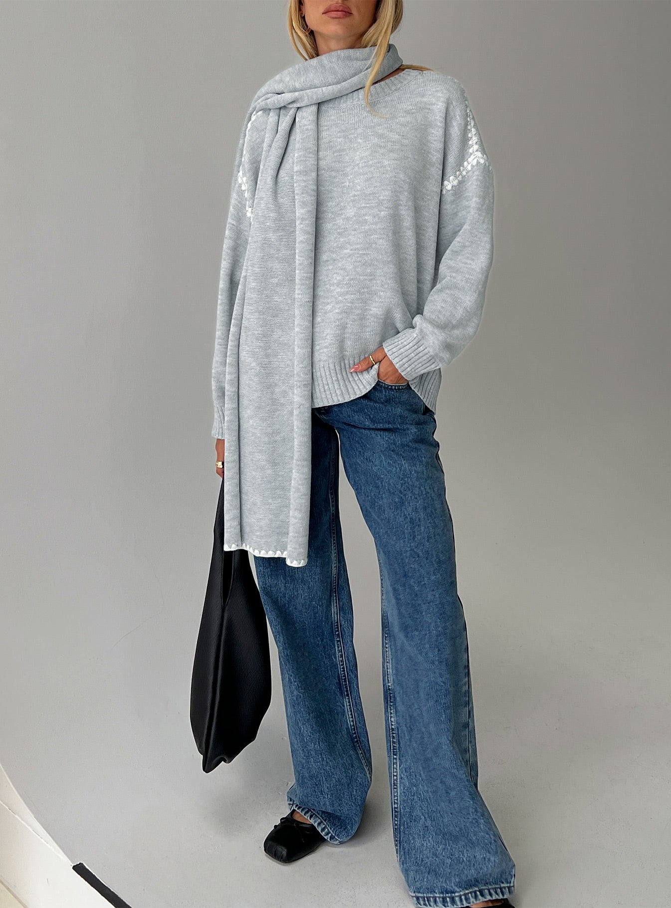 Keriana Contrast Stitch Knit Sweater Grey White - Image 8