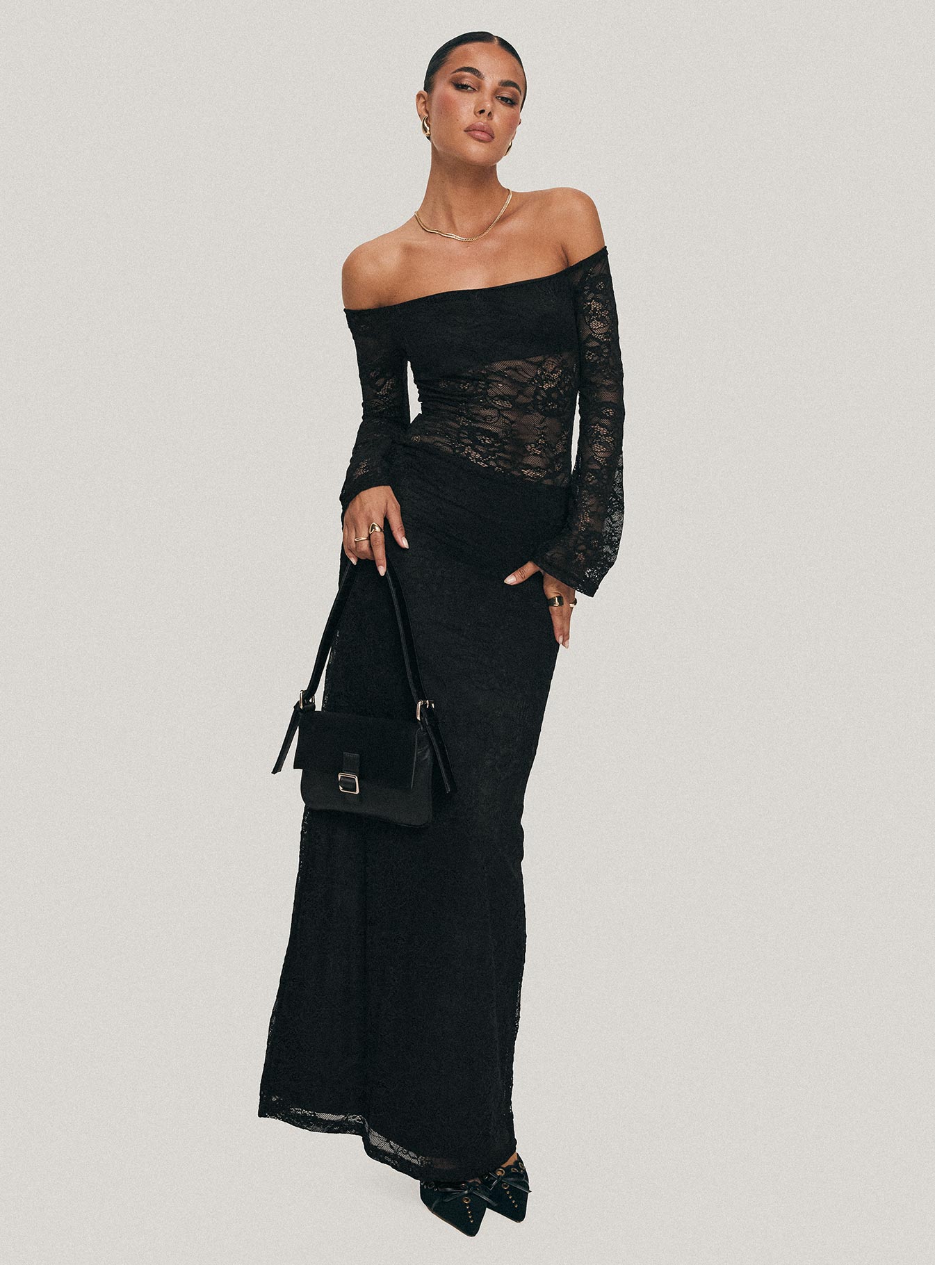 Pinot Grigio Long Sleeve Lace Maxi Dress Black - Image 8