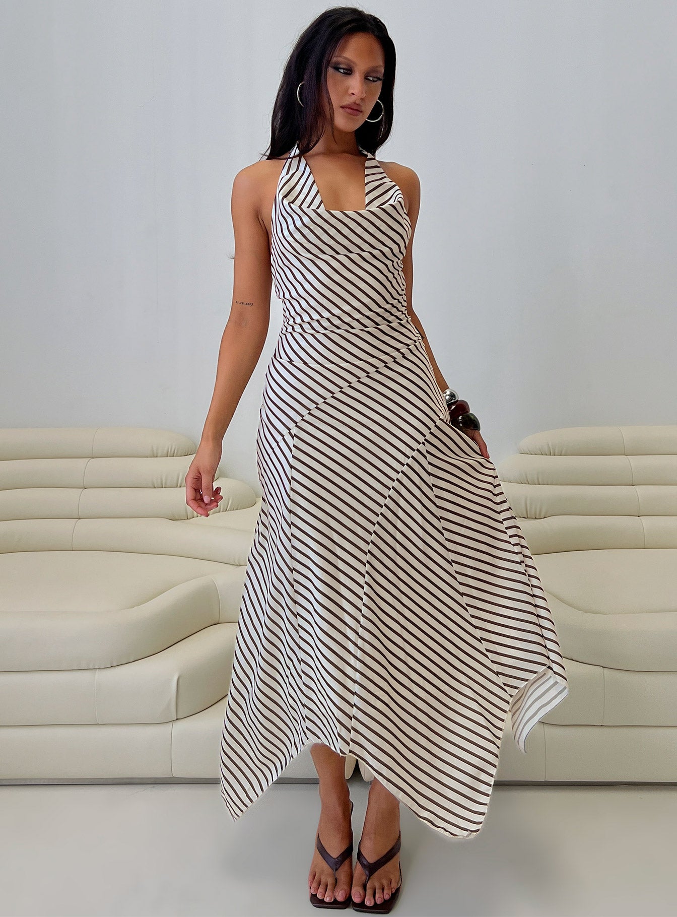 Junipa Halter Asymmetrical Maxi Dress White Stripe - Image 8