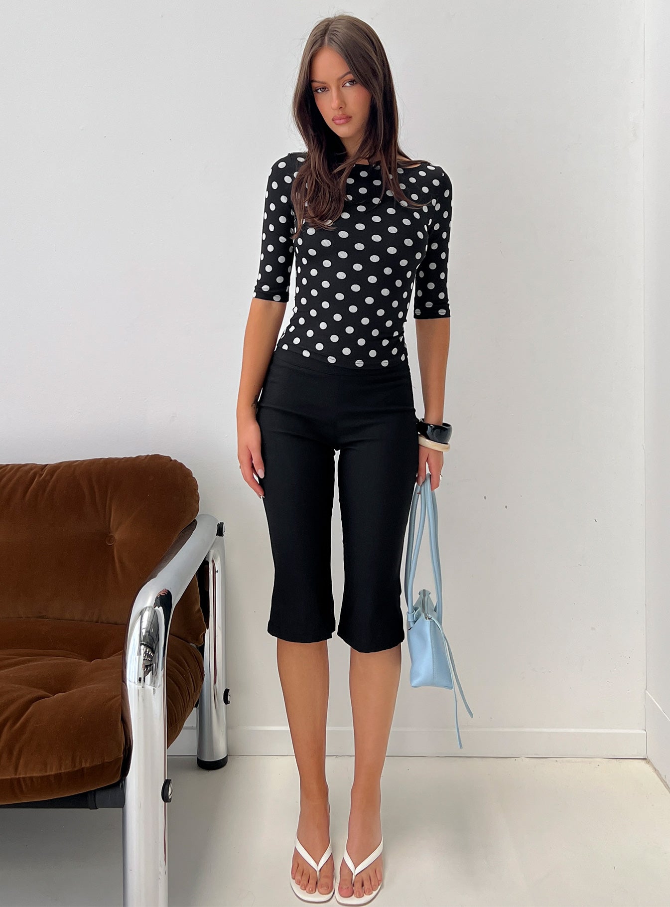 Venna 34 Sleeve Boat Neck Top Black White Polka - Image 8