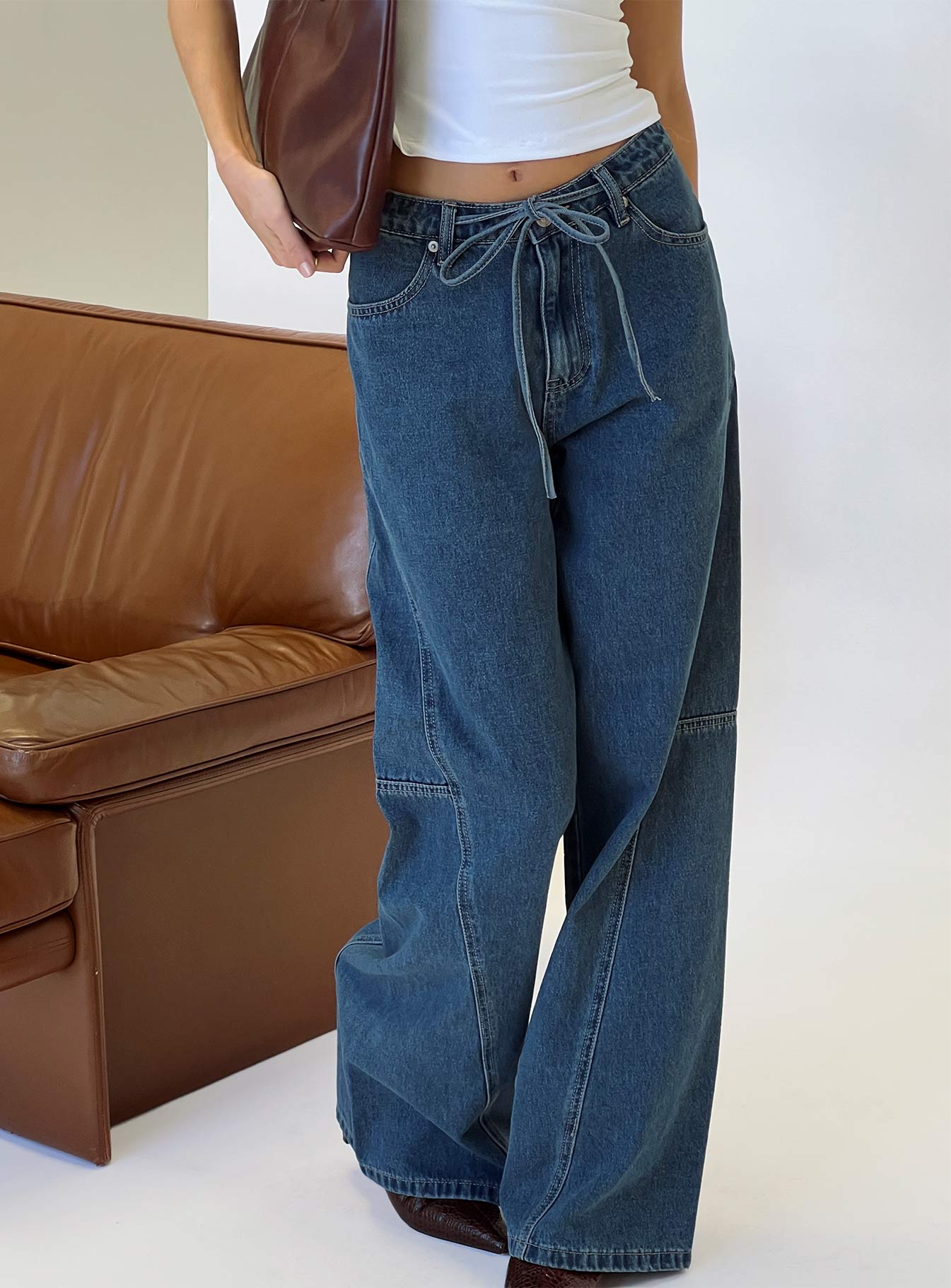 Bruiser Tie Waist Mid Rise Wide Leg Jeans Mid Blue Wash - Image 8