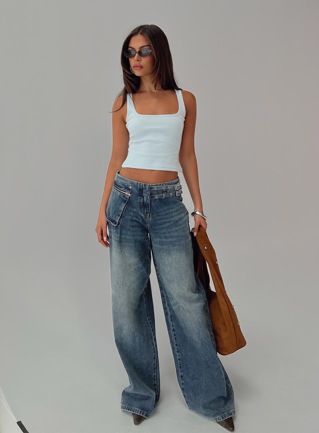 Paltrow Mid Rise Wide Leg Cargo Jeans Mid Blue Wash Petite - Image 9