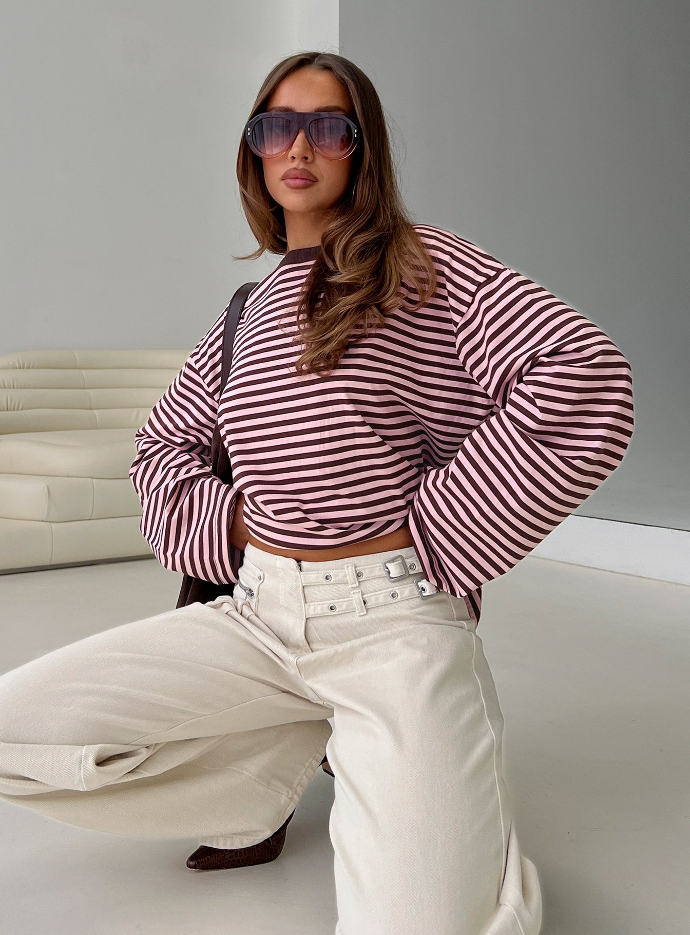Settle Down Long Sleeve Top Pink Brown Stripe - Image 8