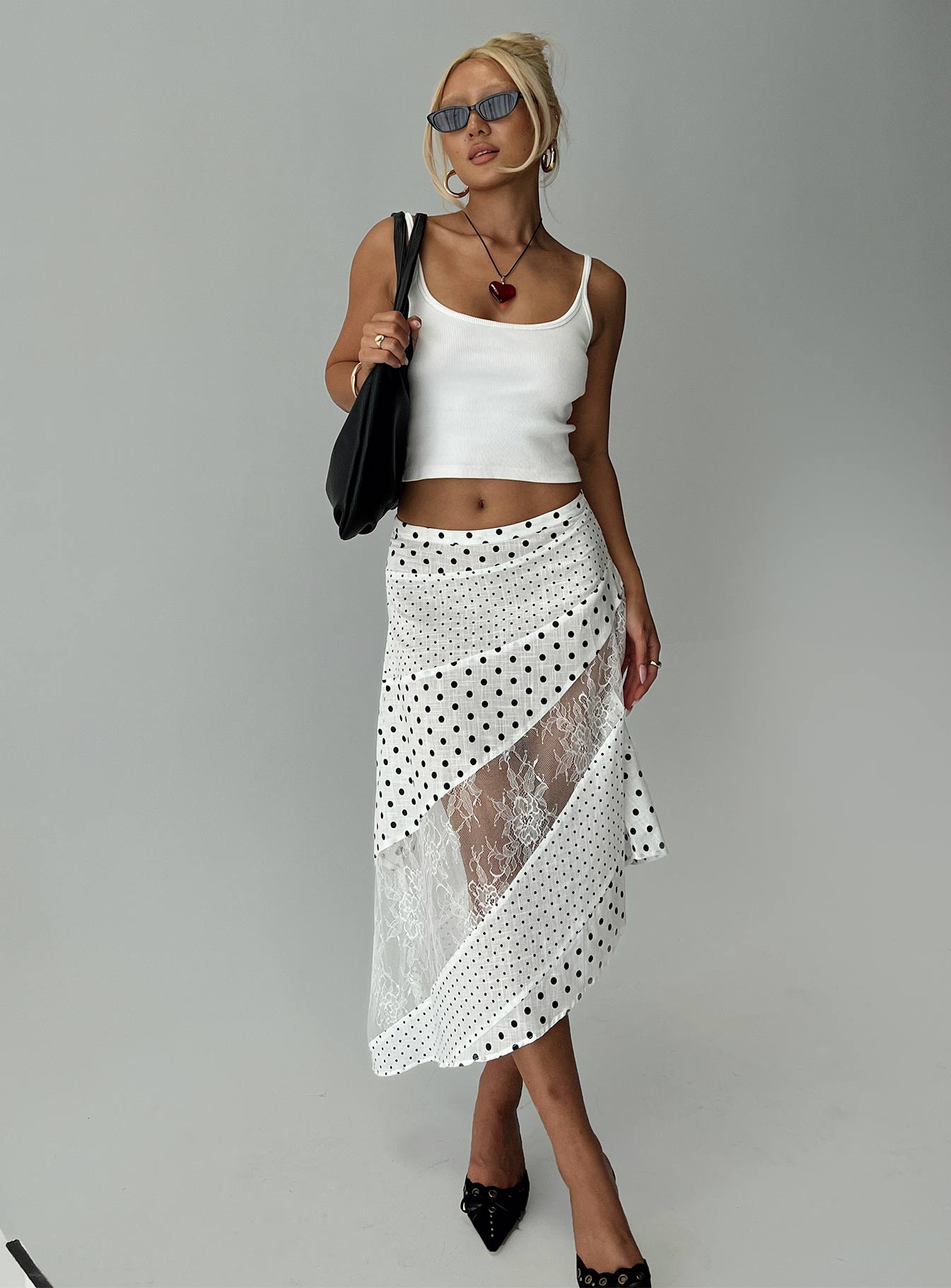 Rennar Maxi Skirt White  Polka Dot Petite