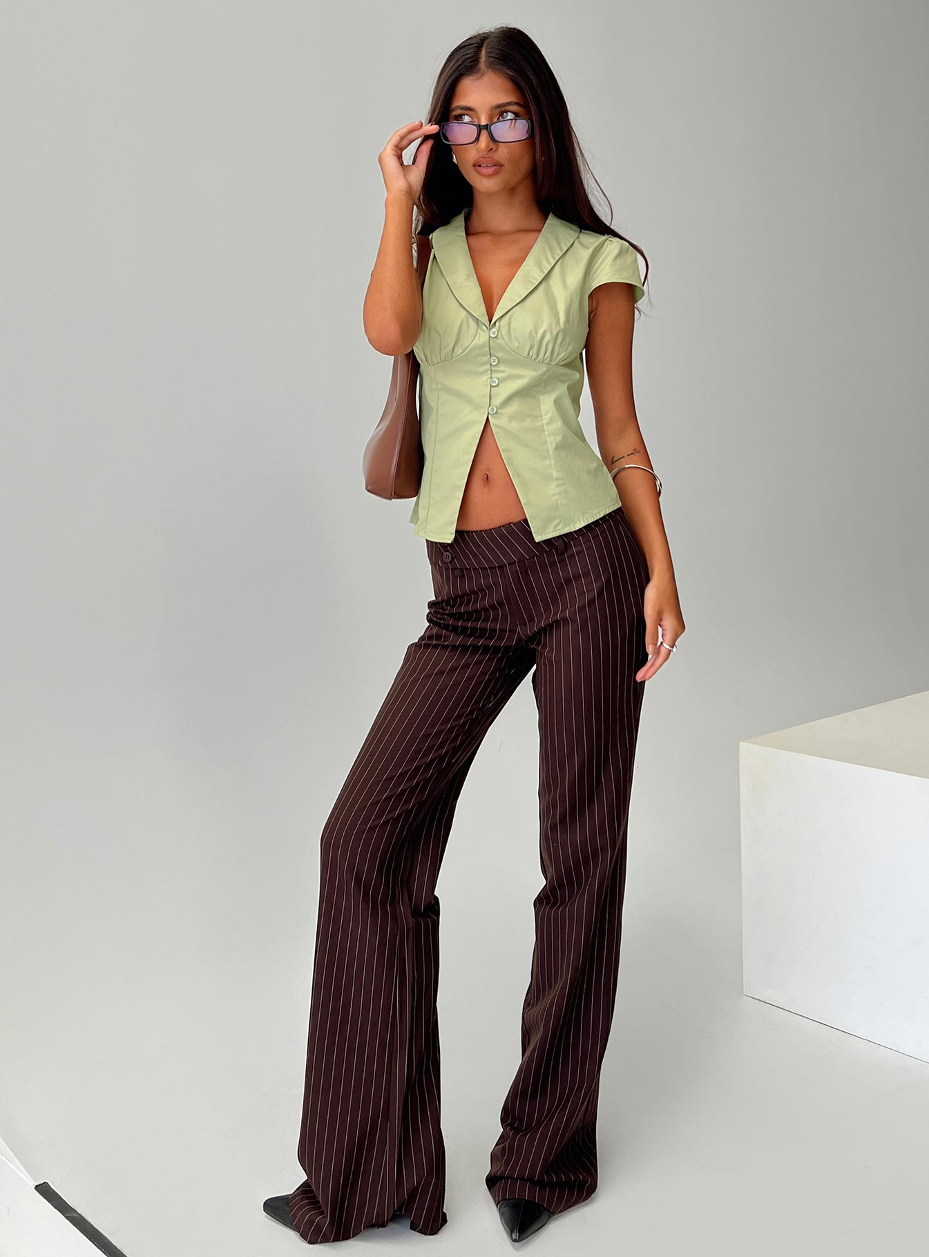 Kinkirk Flared Pants Brown Pinstripe - Image 8