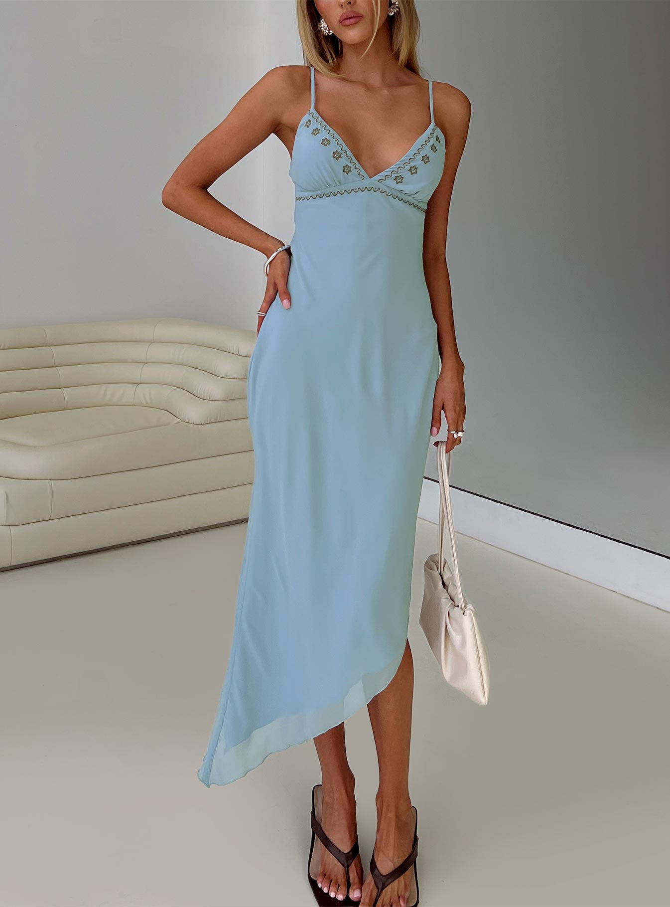 Fleuretta Embroidered Midi Dress Blue Brown - Image 8
