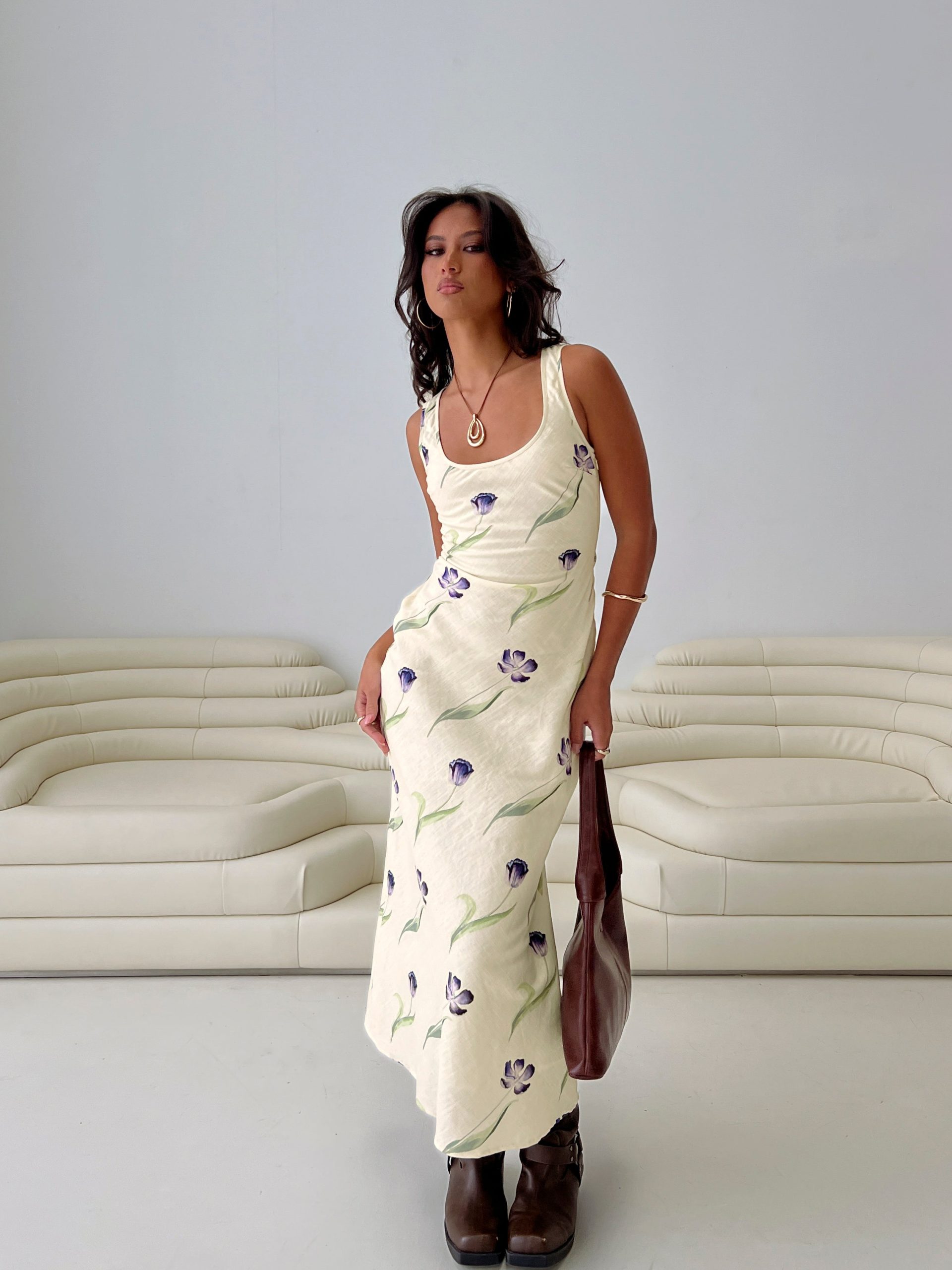 Jessabelle Linen Blend Midi Dress Cream Floral - Image 8