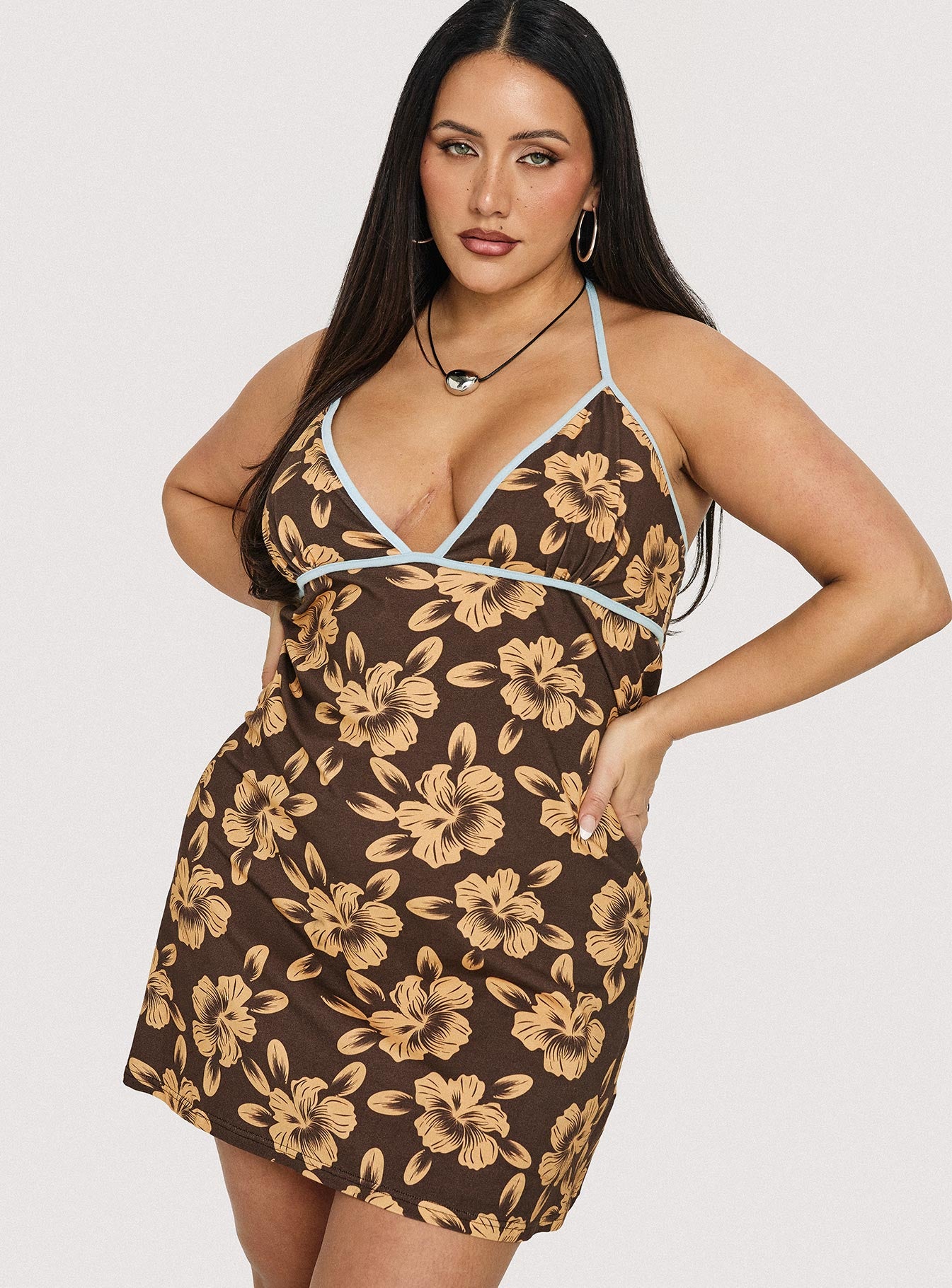 Mishie Halter Mini Dress Brown Blue Floral Curve - Image 8