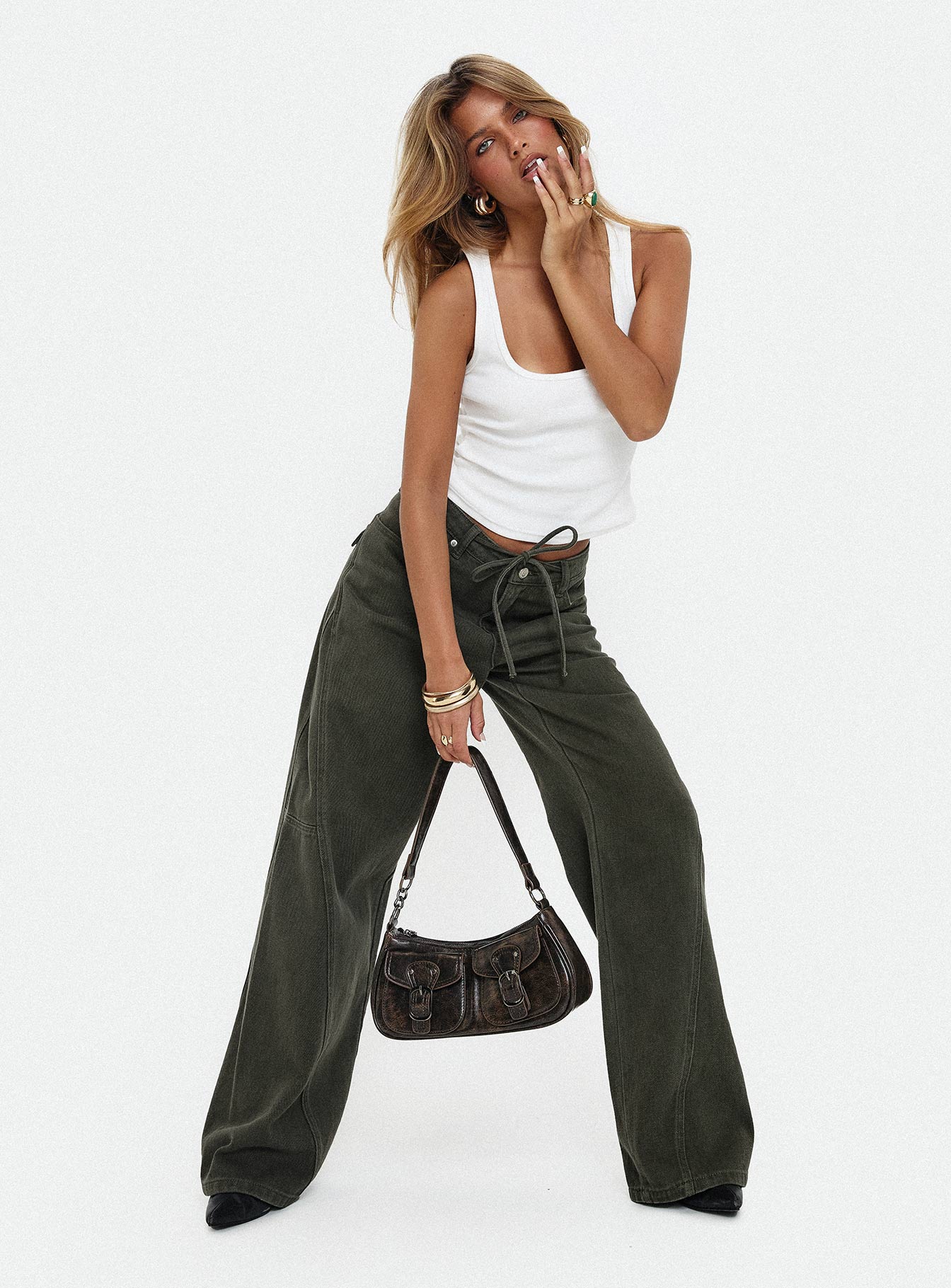 Bruiser Tie Waist Mid Rise Wide Leg Jeans Green - Image 8