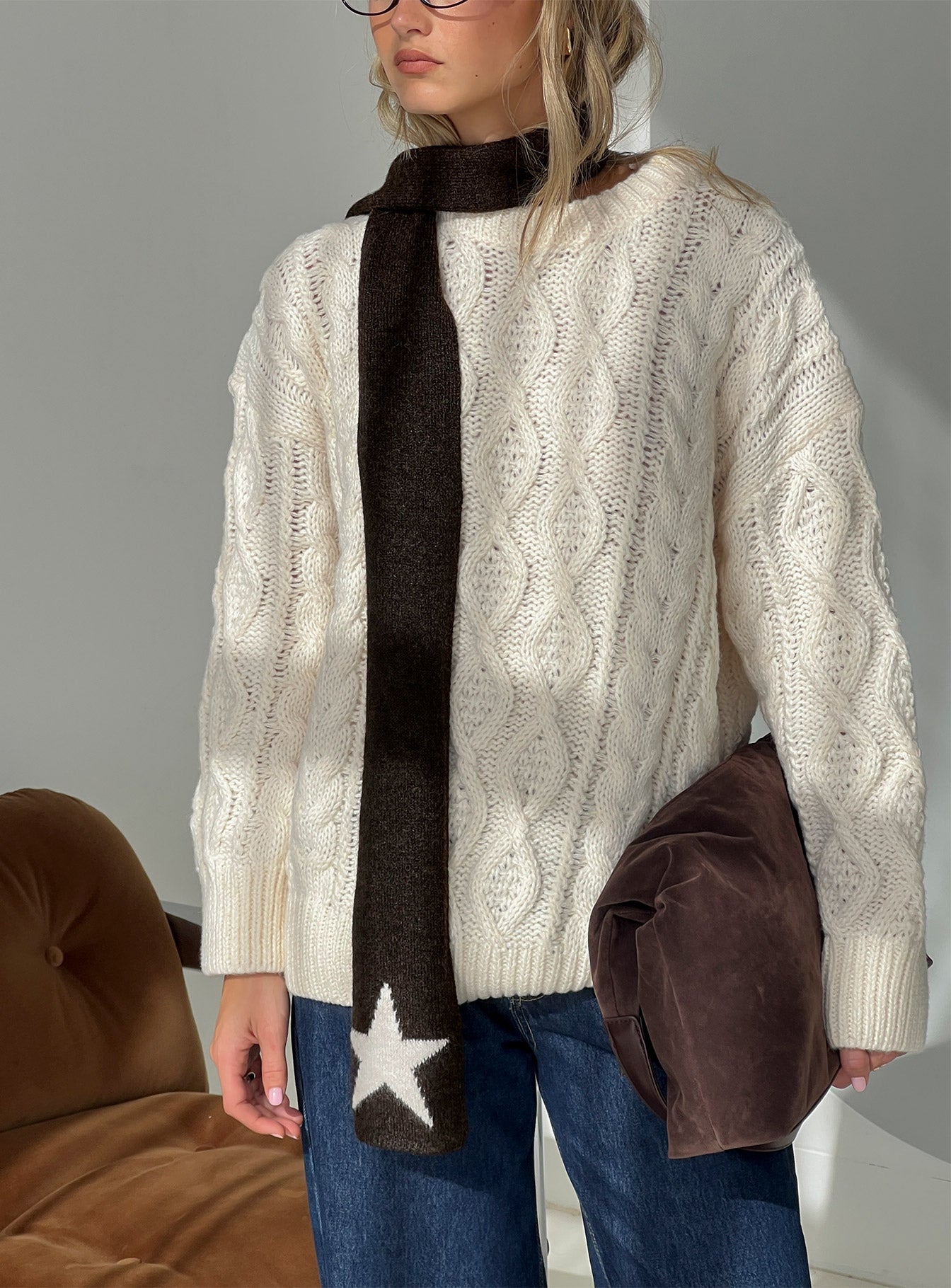 Abelia Star Graphic Scarf Brown  Cream