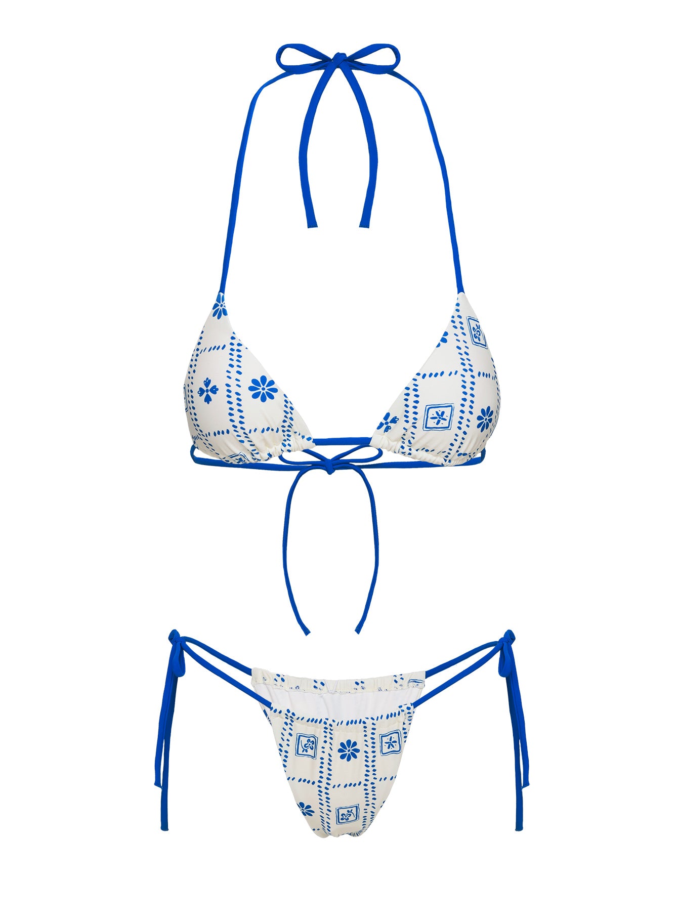 Jenner Tie Side Ruched Bikini Bottom White Blue Floral - Image 5